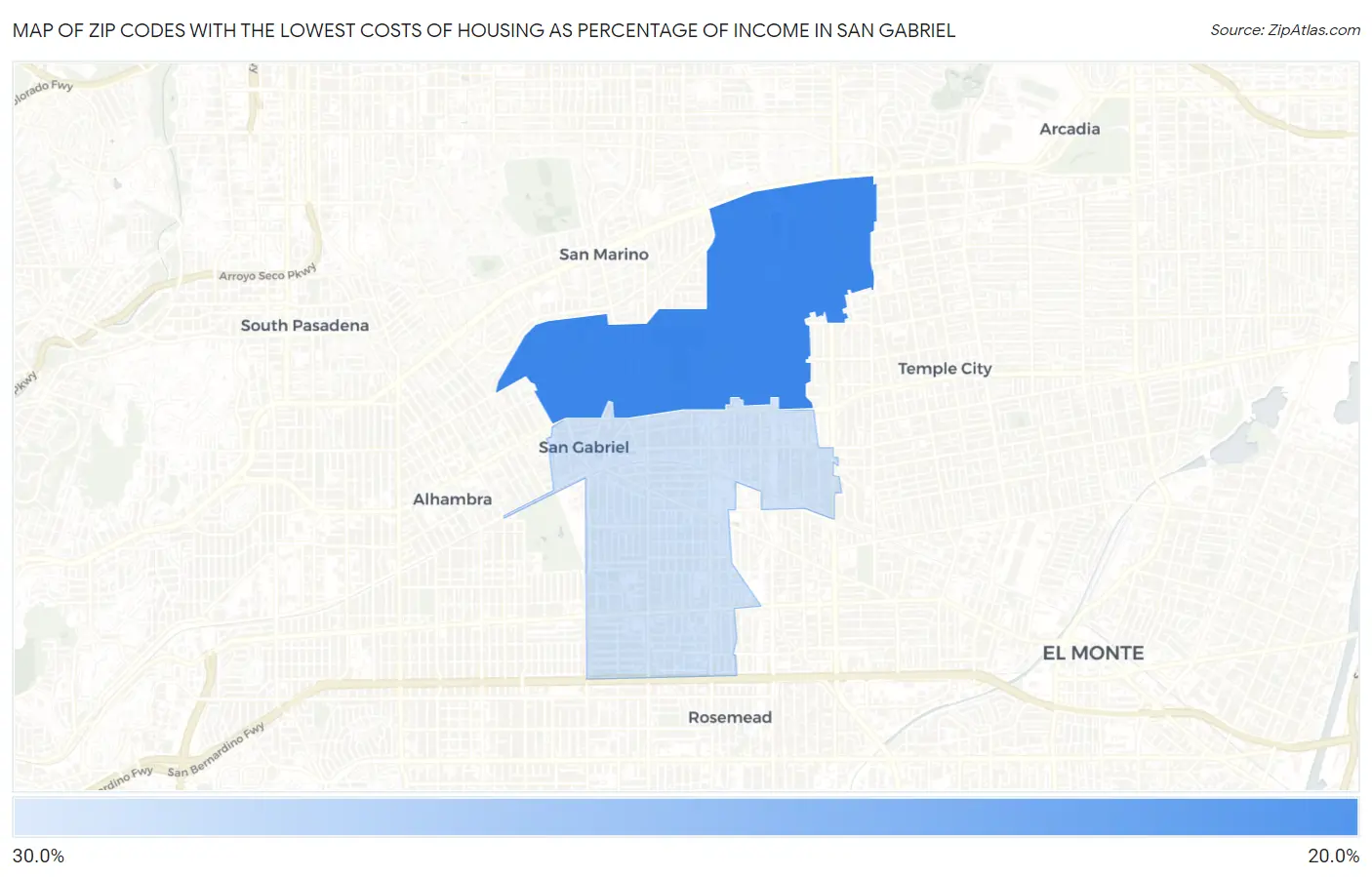 Zip Codes with the Lowest Costs of Housing as Percentage of Income in San Gabriel Map