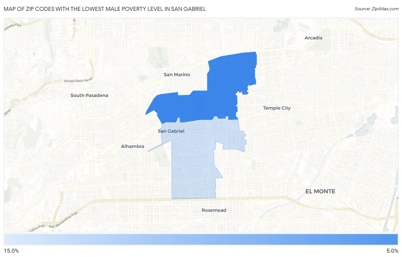 Zip Codes with the Lowest Male Poverty Level in San Gabriel Map