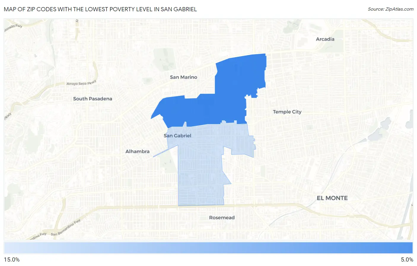 Zip Codes with the Lowest Poverty Level in San Gabriel Map