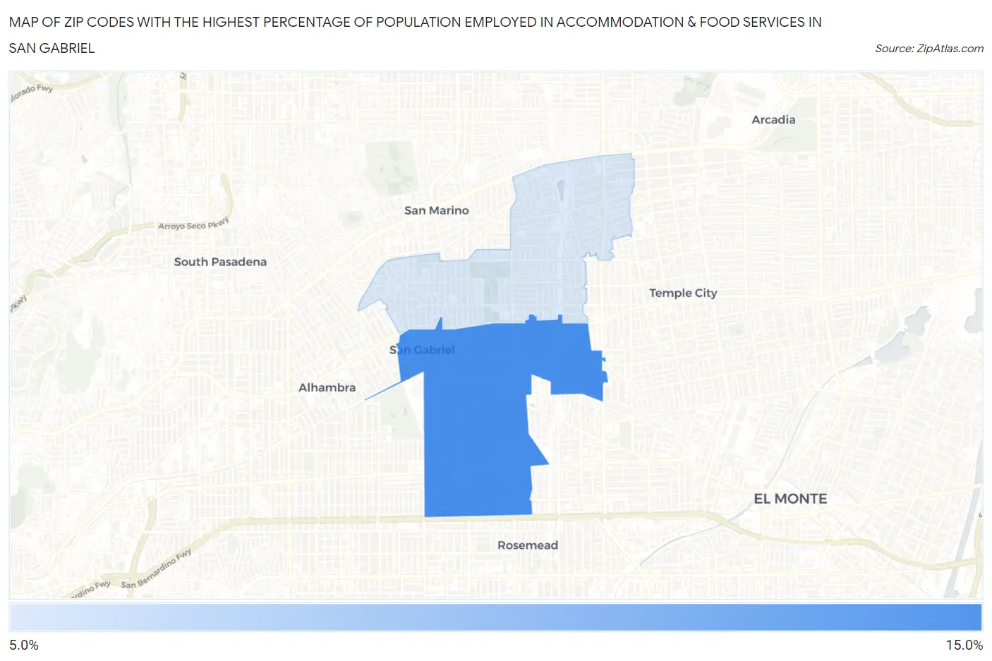 Zip Codes with the Highest Percentage of Population Employed in Accommodation & Food Services in San Gabriel Map