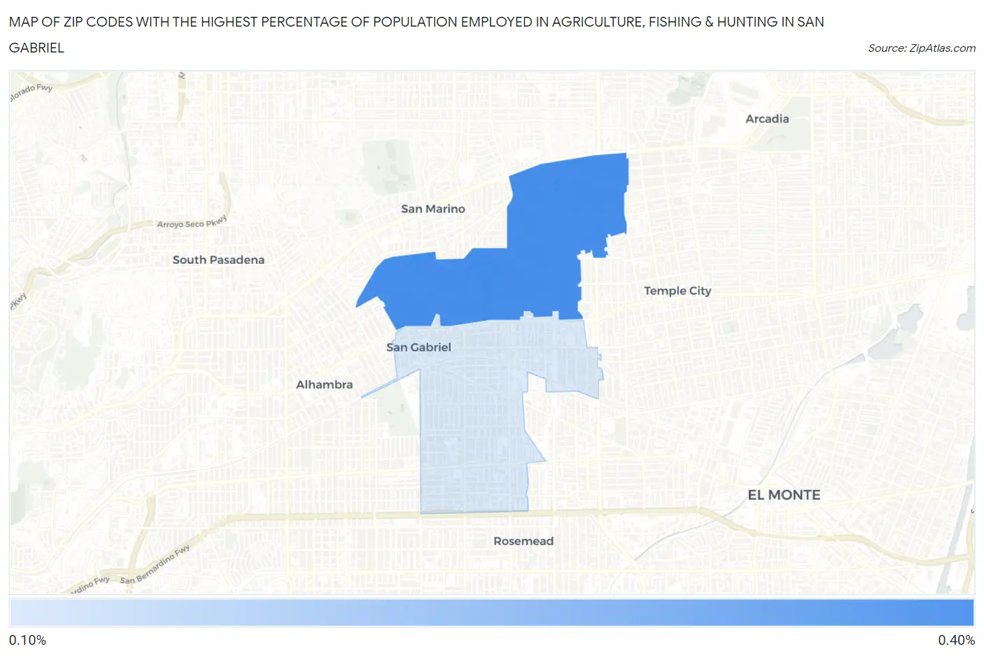 Zip Codes with the Highest Percentage of Population Employed in Agriculture, Fishing & Hunting in San Gabriel Map