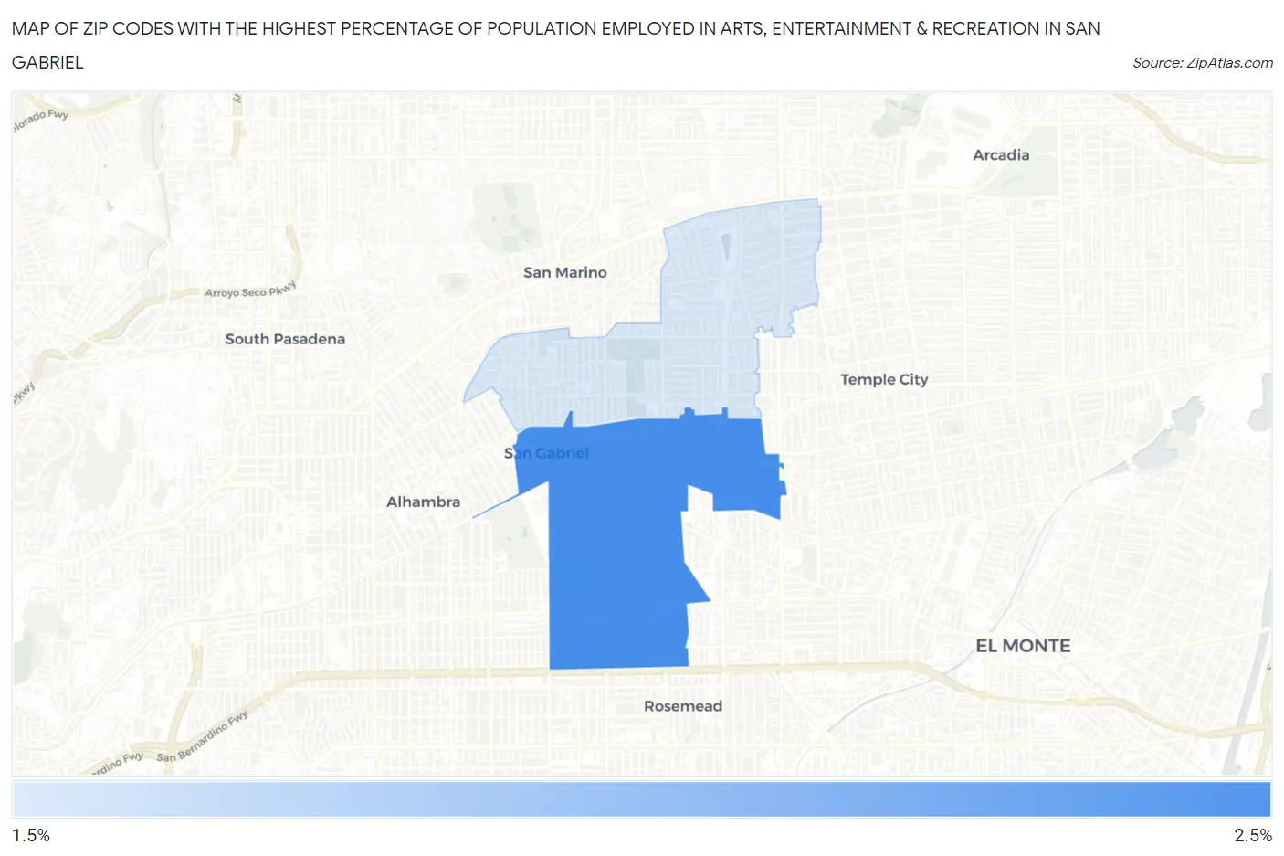 Zip Codes with the Highest Percentage of Population Employed in Arts, Entertainment & Recreation in San Gabriel Map