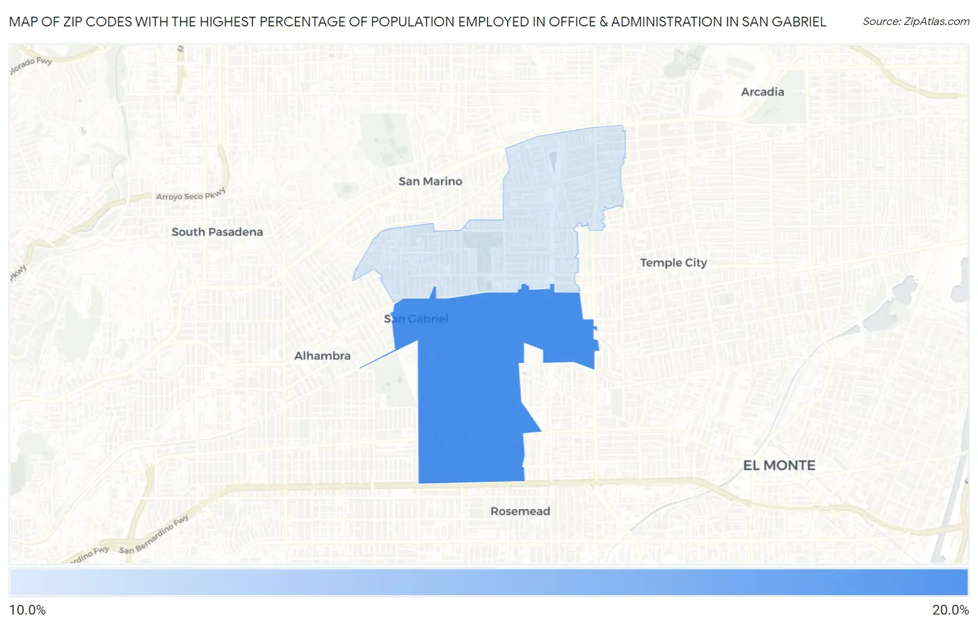 Zip Codes with the Highest Percentage of Population Employed in Office & Administration in San Gabriel Map