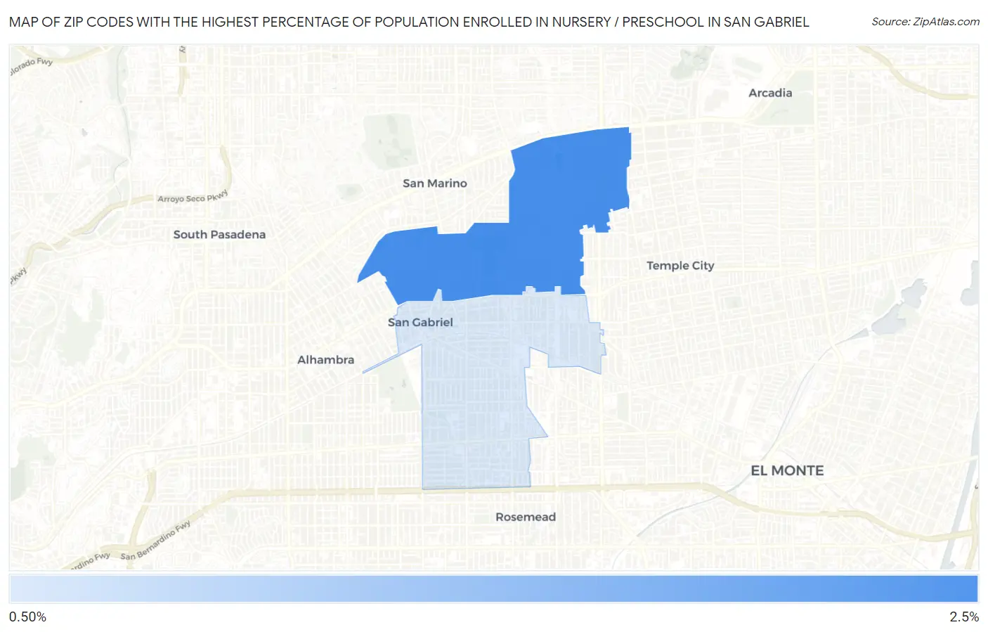 Zip Codes with the Highest Percentage of Population Enrolled in Nursery / Preschool in San Gabriel Map