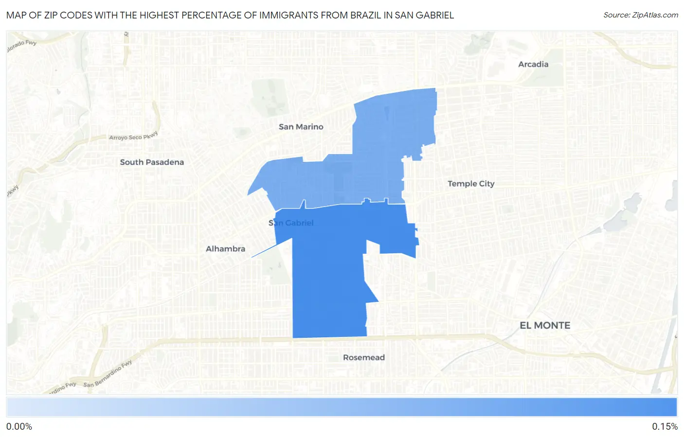 Zip Codes with the Highest Percentage of Immigrants from Brazil in San Gabriel Map