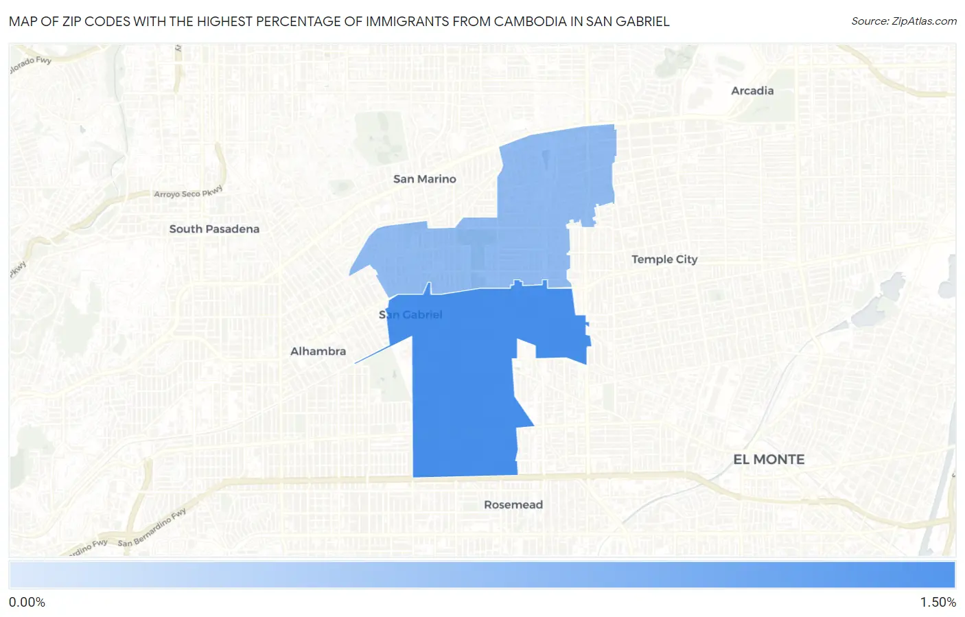 Zip Codes with the Highest Percentage of Immigrants from Cambodia in San Gabriel Map