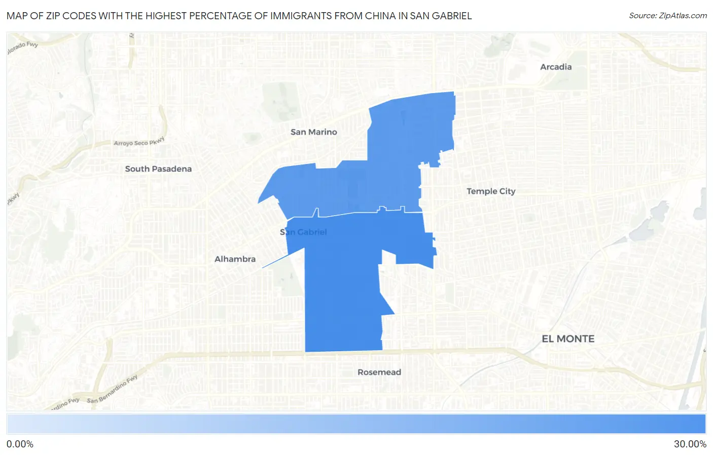 Zip Codes with the Highest Percentage of Immigrants from China in San Gabriel Map
