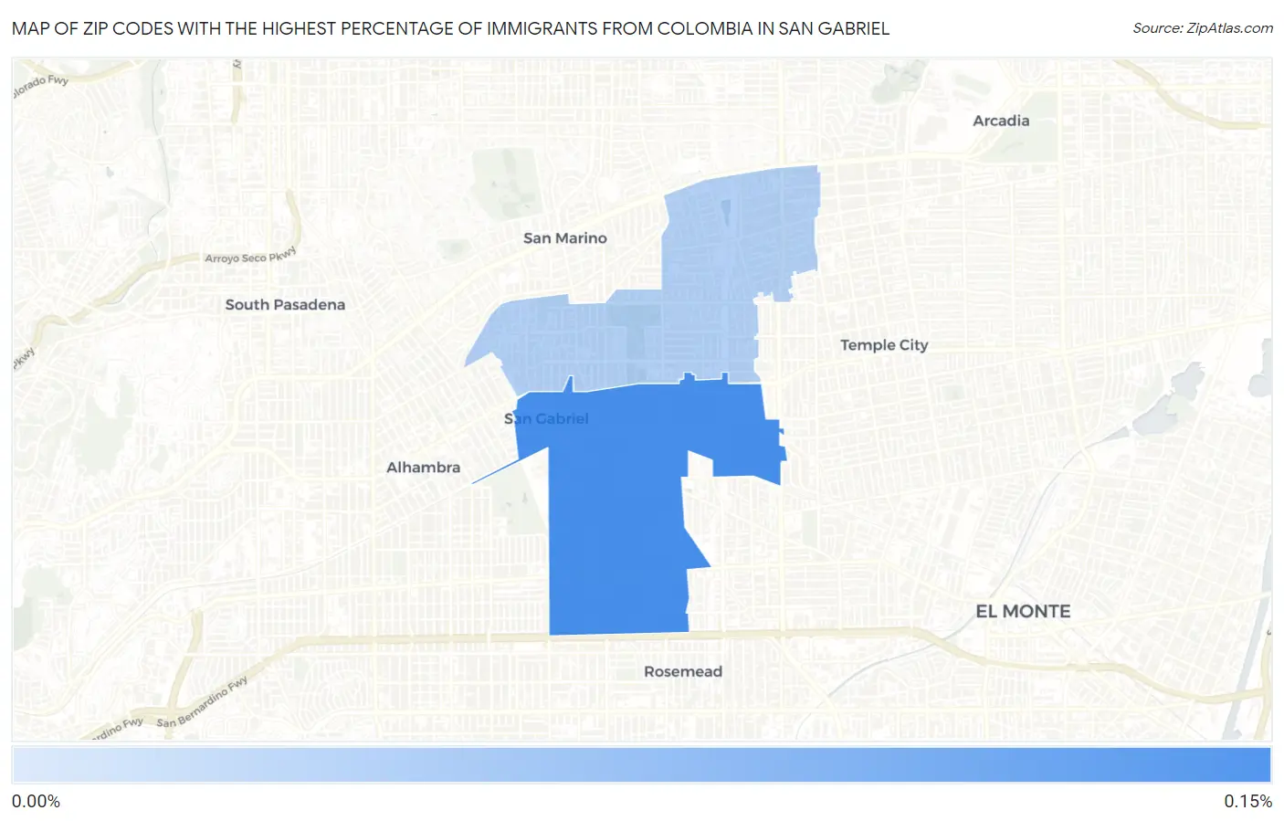 Zip Codes with the Highest Percentage of Immigrants from Colombia in San Gabriel Map