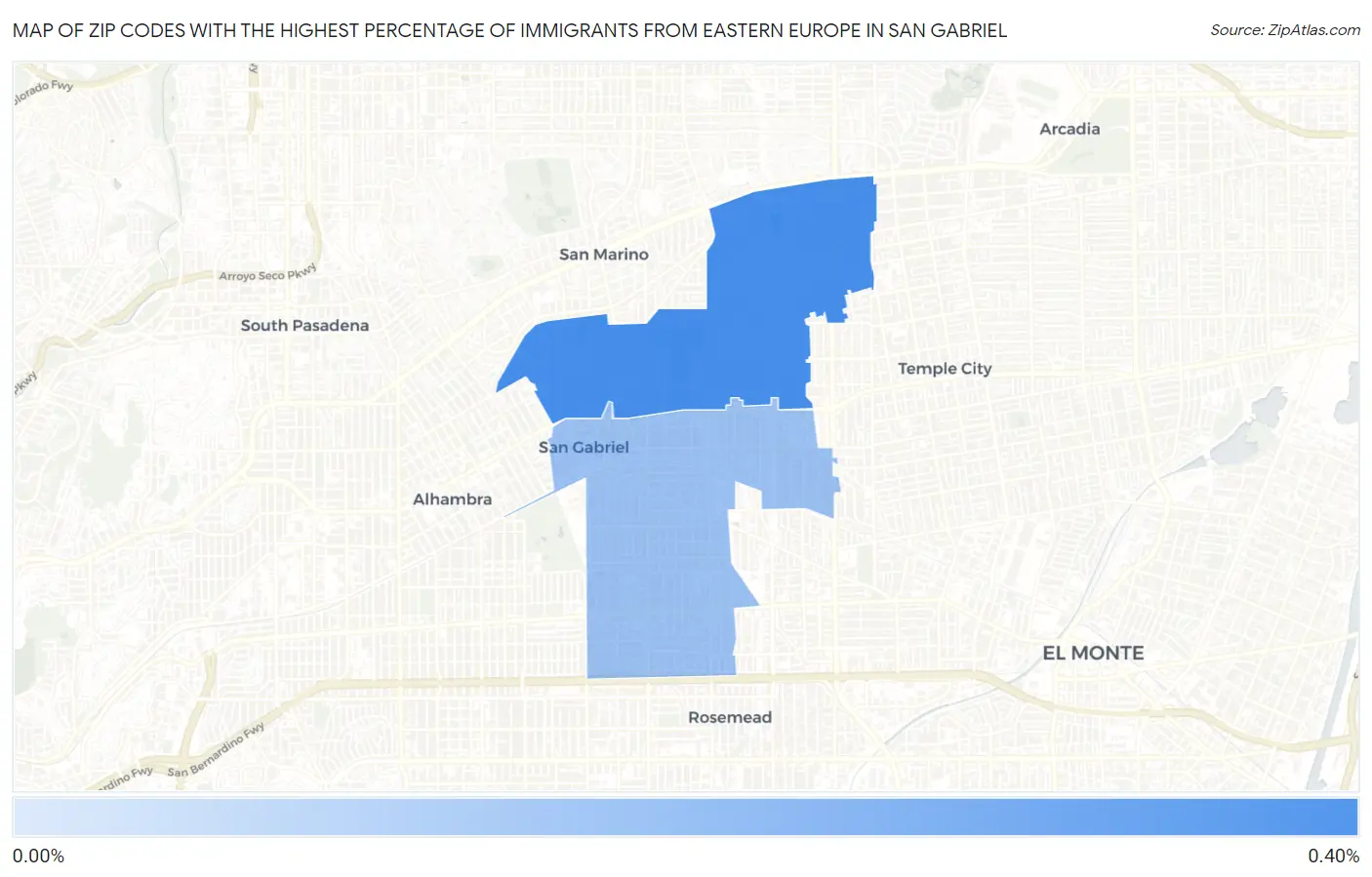 Zip Codes with the Highest Percentage of Immigrants from Eastern Europe in San Gabriel Map