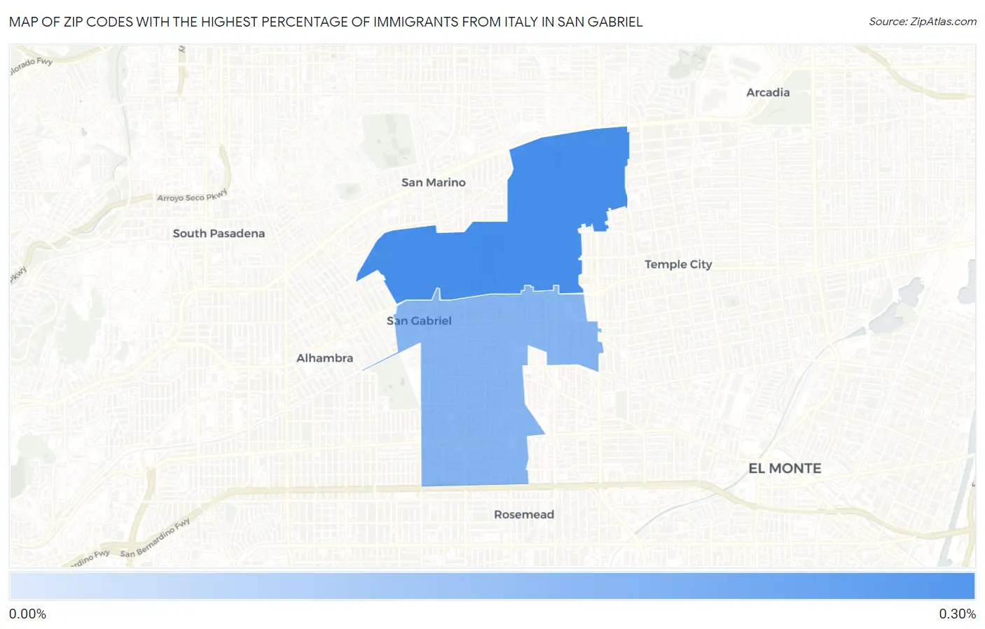 Zip Codes with the Highest Percentage of Immigrants from Italy in San Gabriel Map