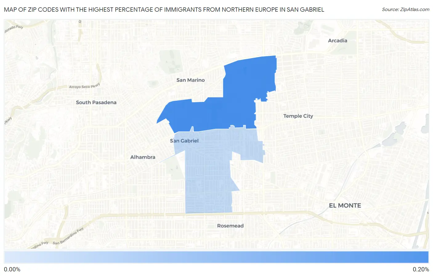 Zip Codes with the Highest Percentage of Immigrants from Northern Europe in San Gabriel Map