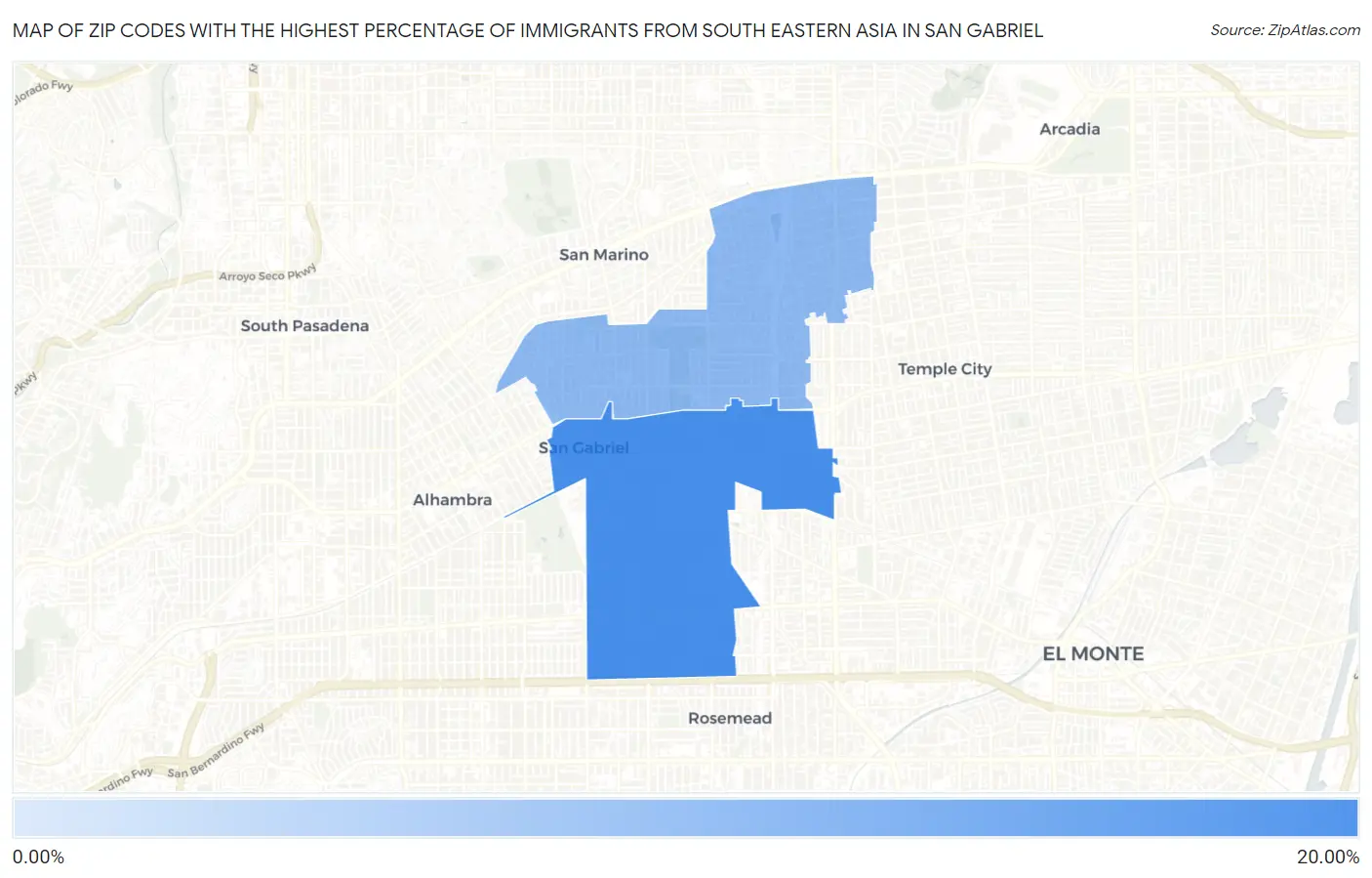 Zip Codes with the Highest Percentage of Immigrants from South Eastern Asia in San Gabriel Map