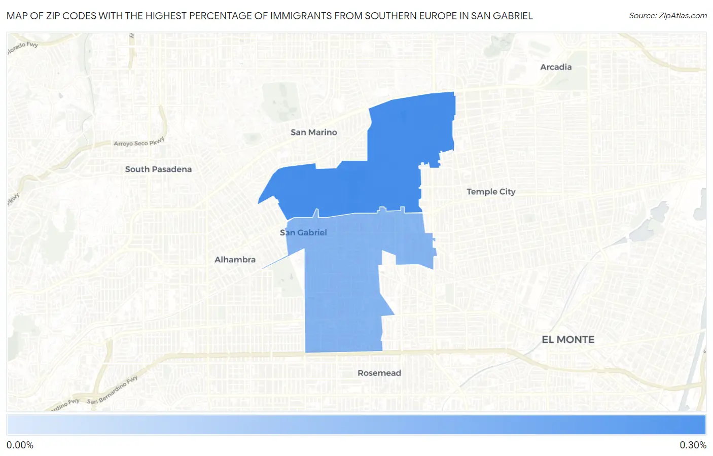 Zip Codes with the Highest Percentage of Immigrants from Southern Europe in San Gabriel Map