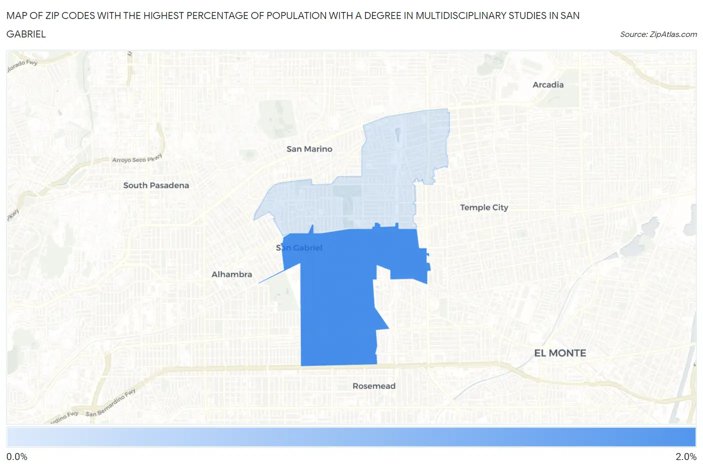 Zip Codes with the Highest Percentage of Population with a Degree in Multidisciplinary Studies in San Gabriel Map