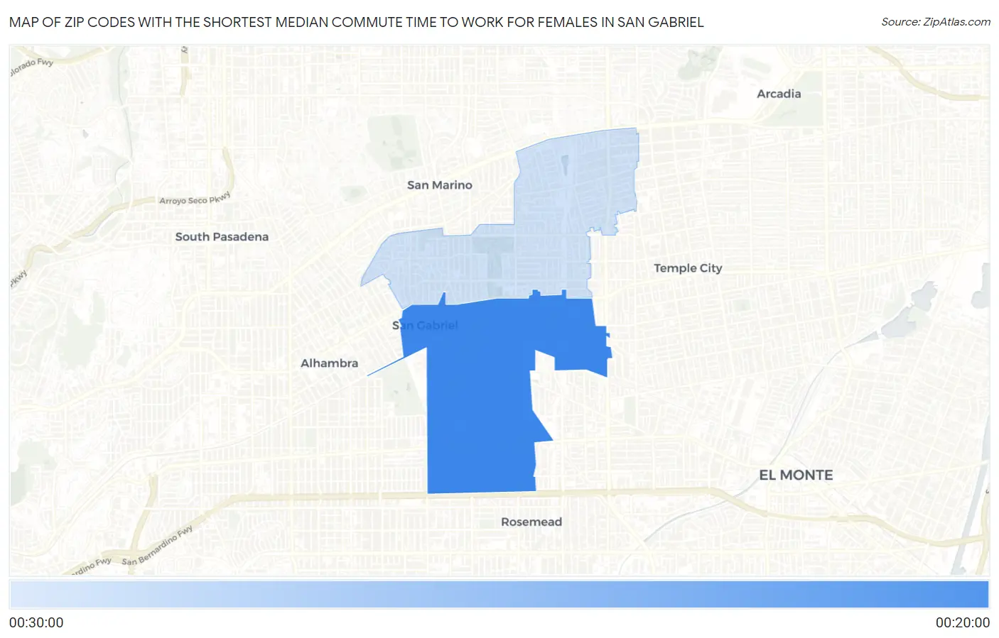 Zip Codes with the Shortest Median Commute Time to Work for Females in San Gabriel Map
