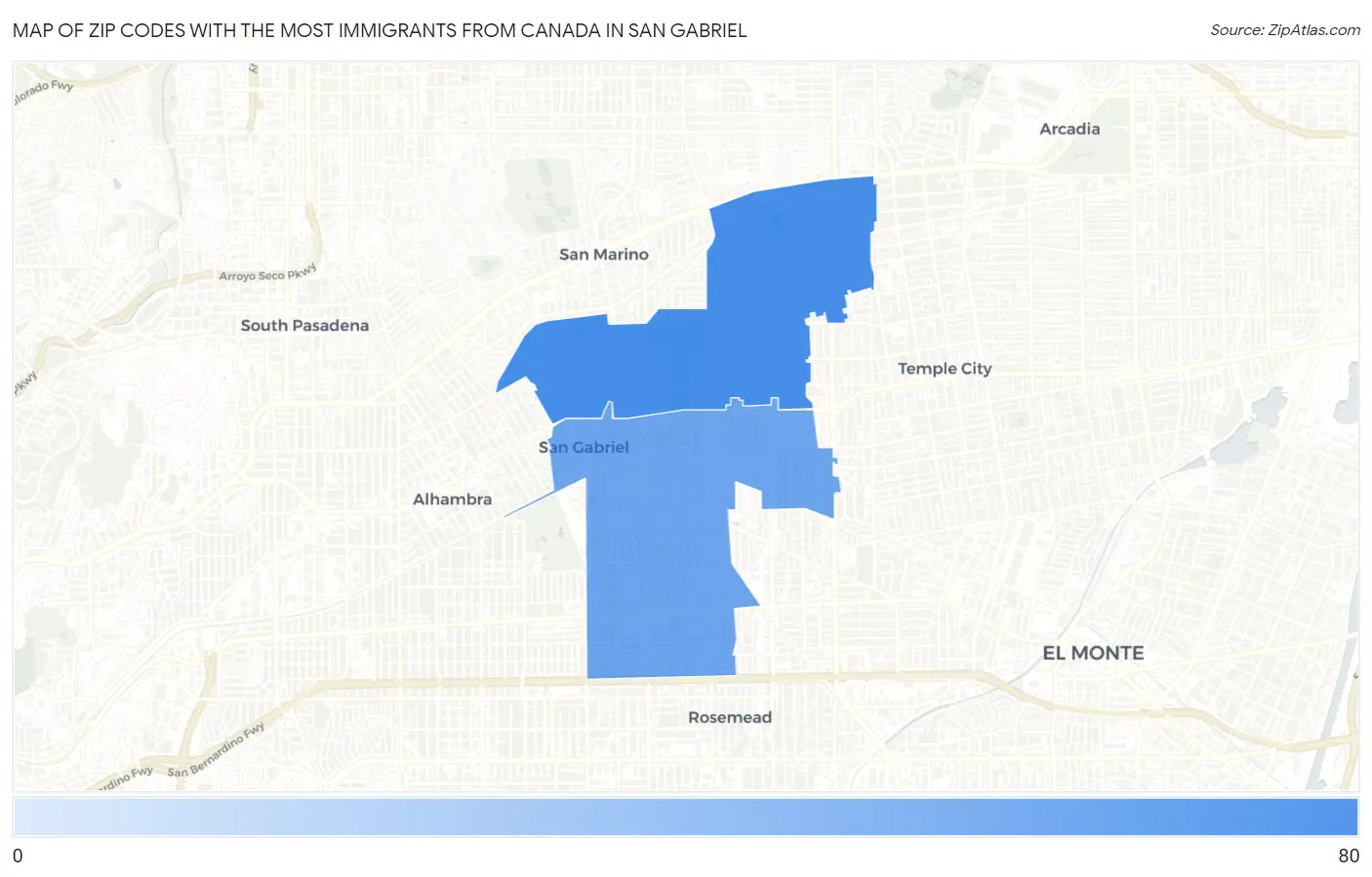 Zip Codes with the Most Immigrants from Canada in San Gabriel Map