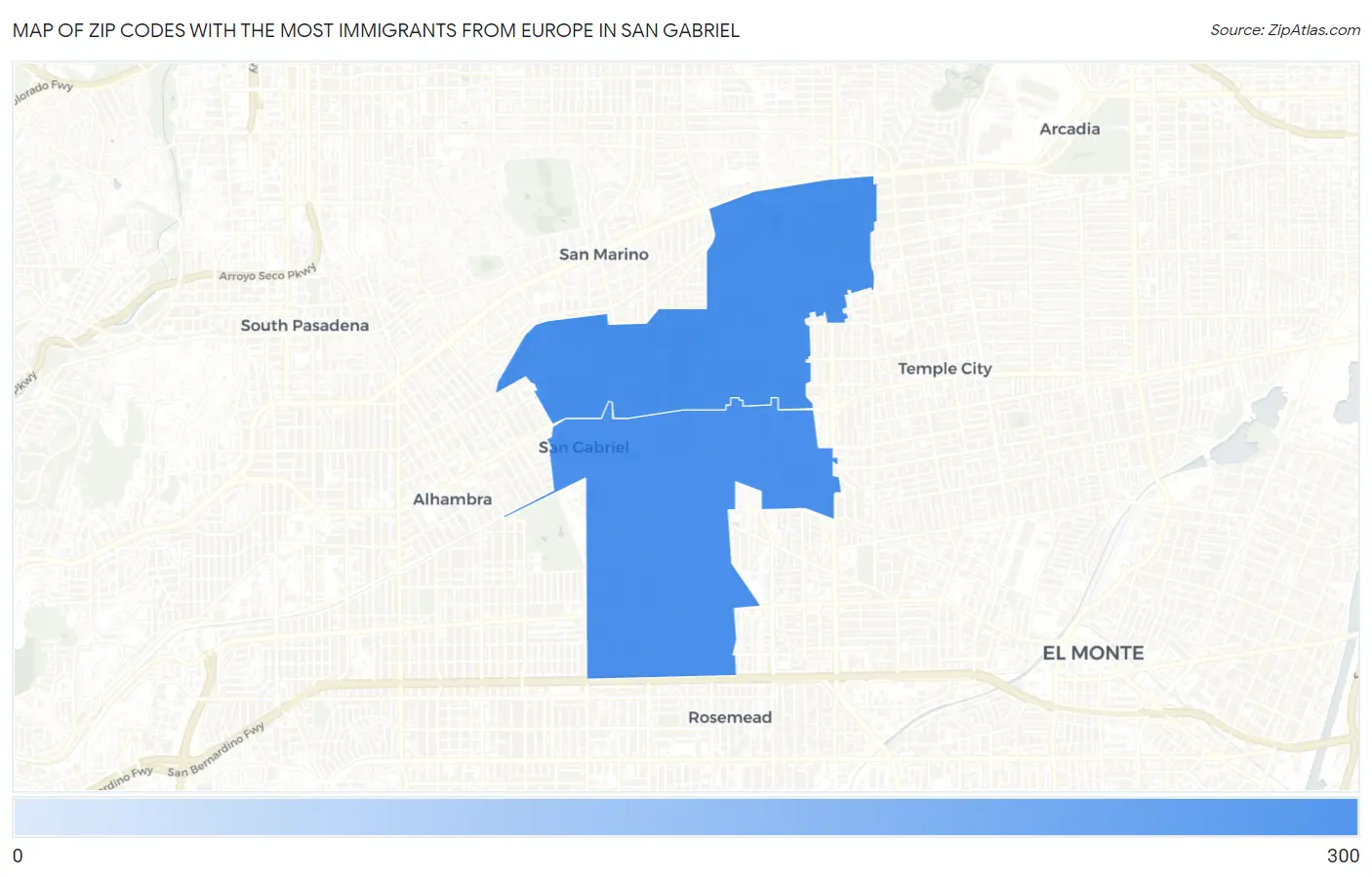 Zip Codes with the Most Immigrants from Europe in San Gabriel Map
