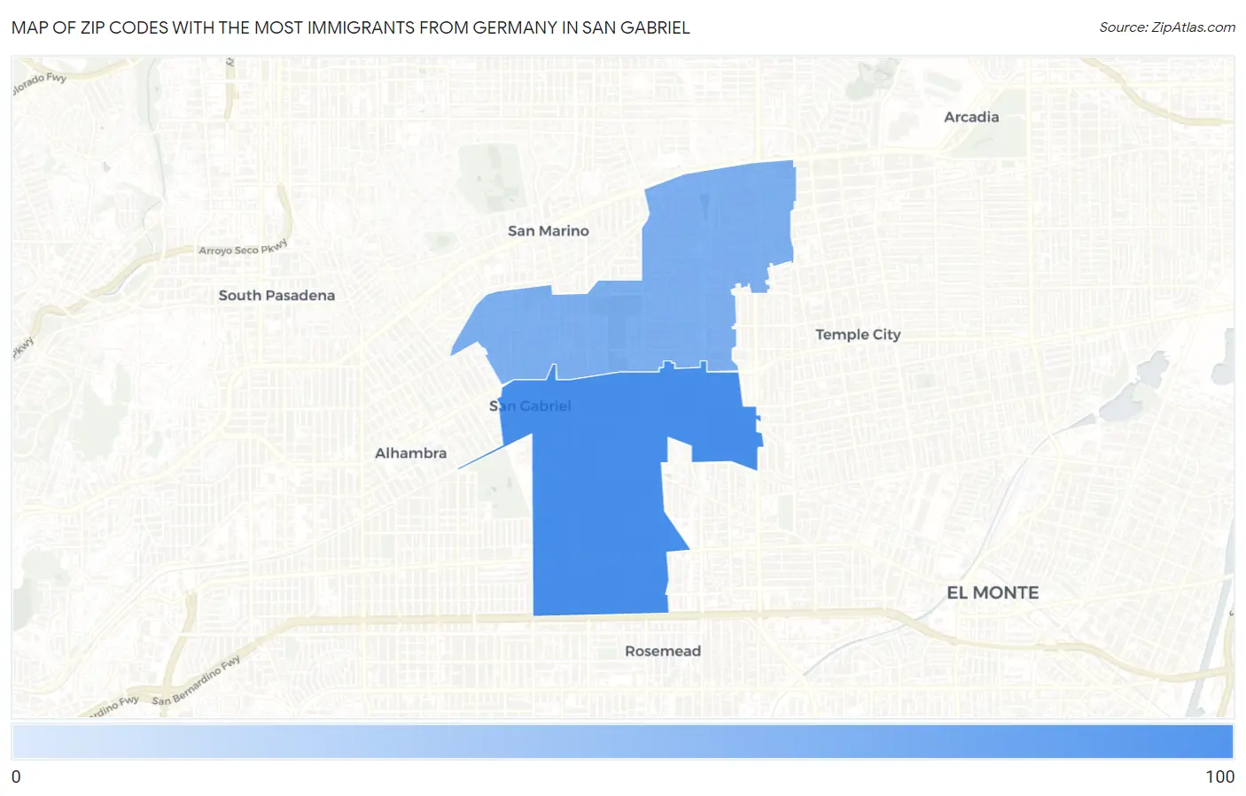 Zip Codes with the Most Immigrants from Germany in San Gabriel Map