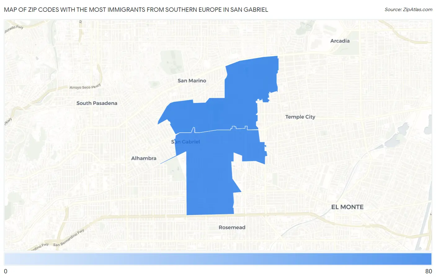 Zip Codes with the Most Immigrants from Southern Europe in San Gabriel Map