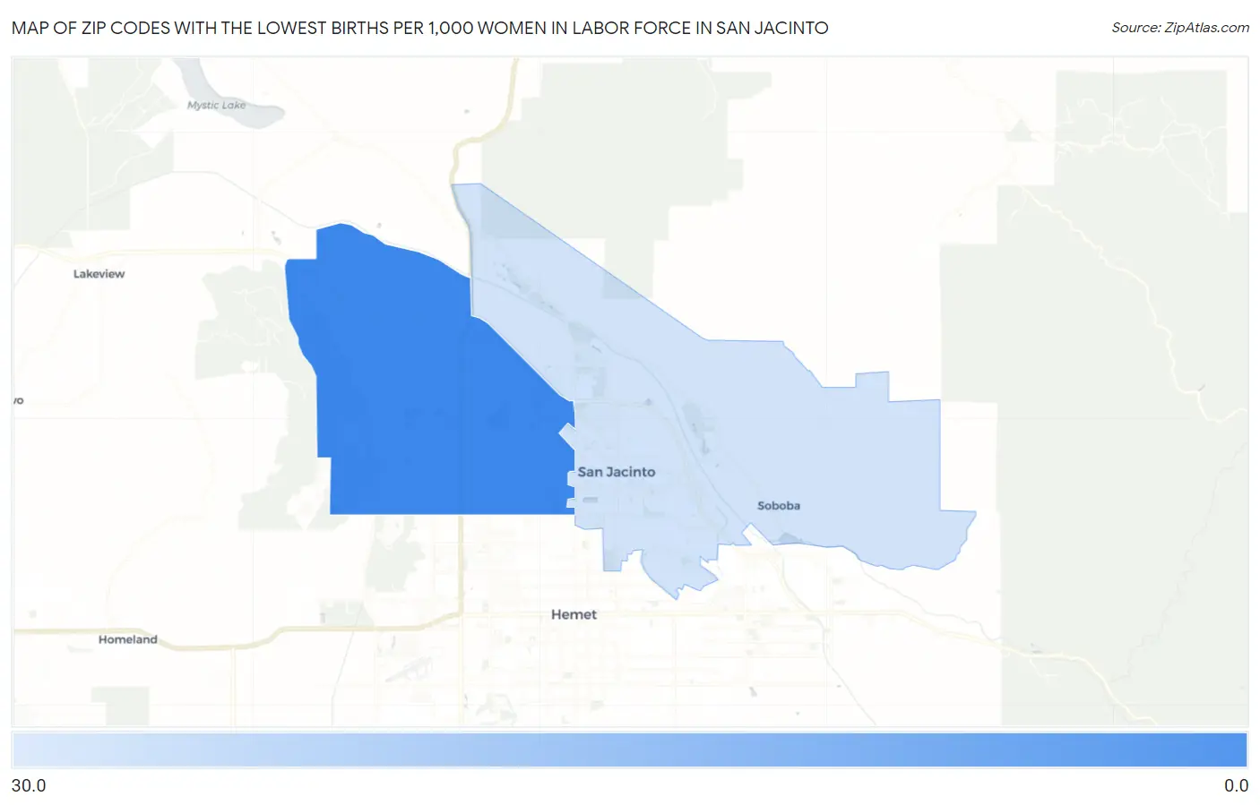 Zip Codes with the Lowest Births per 1,000 Women in Labor Force in San Jacinto Map