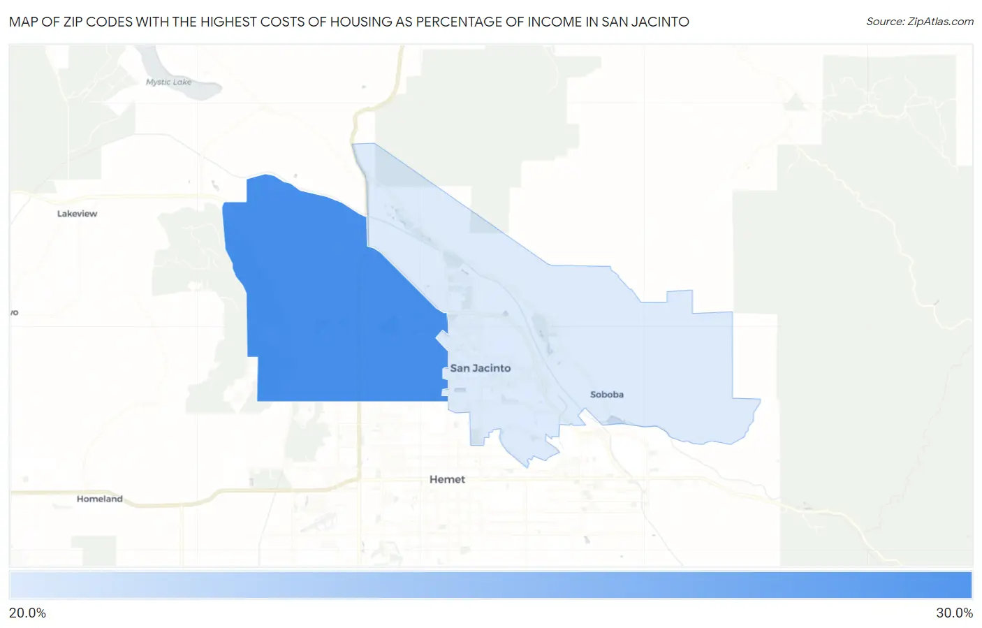 Zip Codes with the Highest Costs of Housing as Percentage of Income in San Jacinto Map