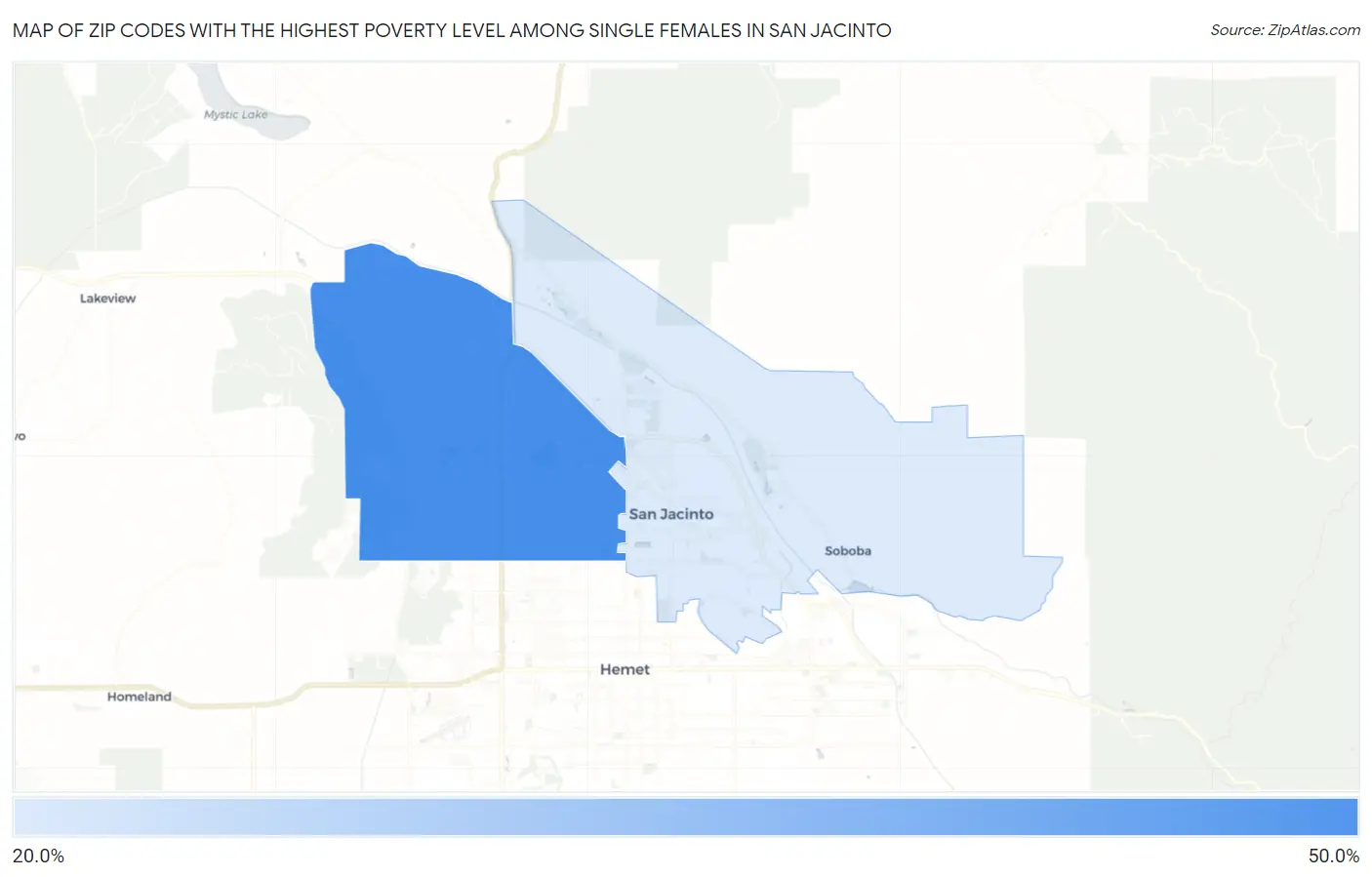 Zip Codes with the Highest Poverty Level Among Single Females in San Jacinto Map