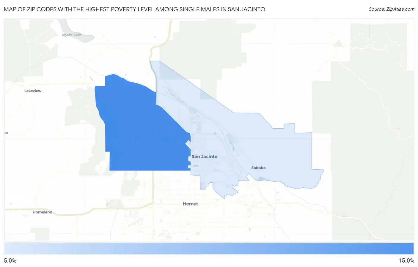Zip Codes with the Highest Poverty Level Among Single Males in San Jacinto Map