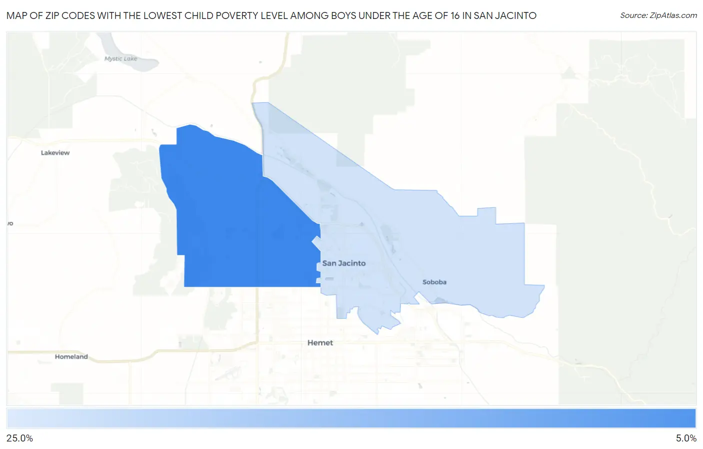 Zip Codes with the Lowest Child Poverty Level Among Boys Under the Age of 16 in San Jacinto Map