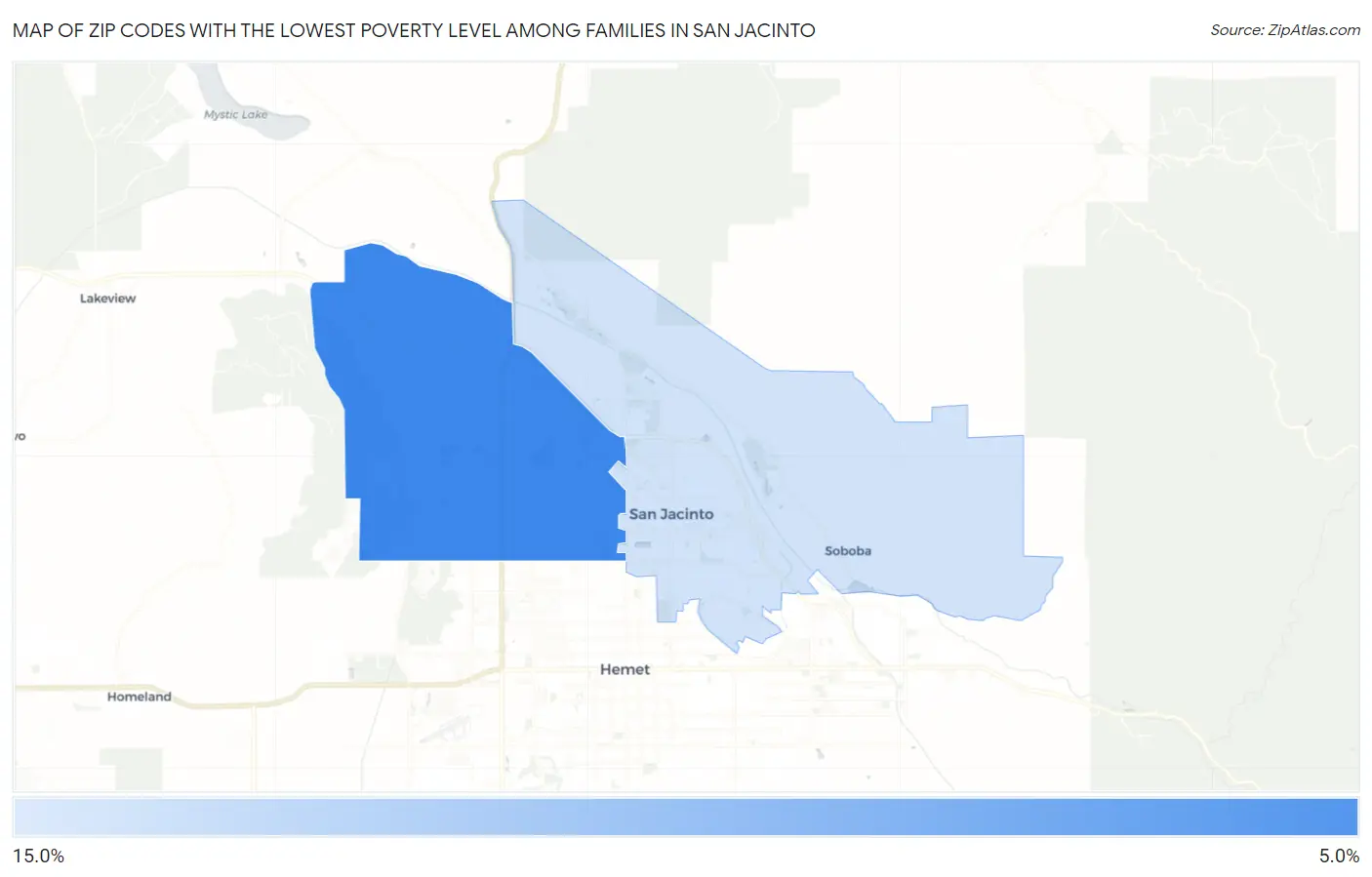 Zip Codes with the Lowest Poverty Level Among Families in San Jacinto Map