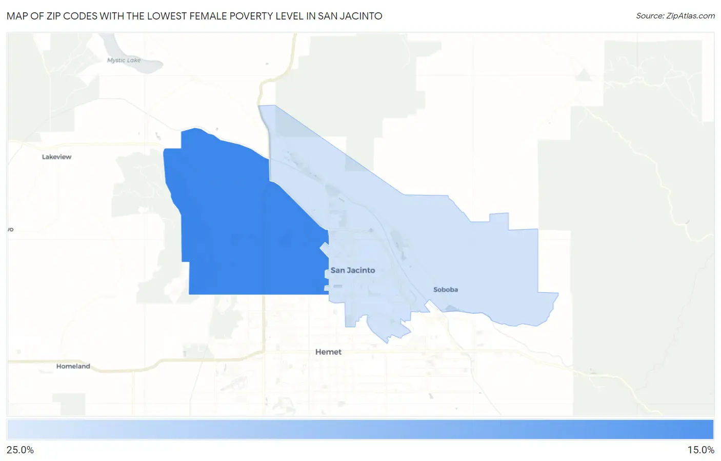 Zip Codes with the Lowest Female Poverty Level in San Jacinto Map