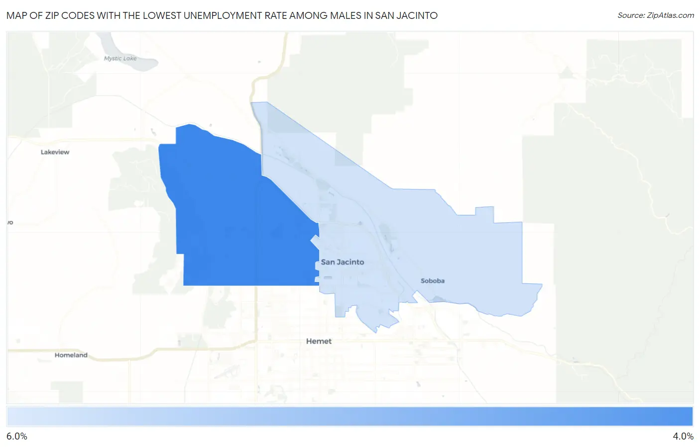 Zip Codes with the Lowest Unemployment Rate Among Males in San Jacinto Map