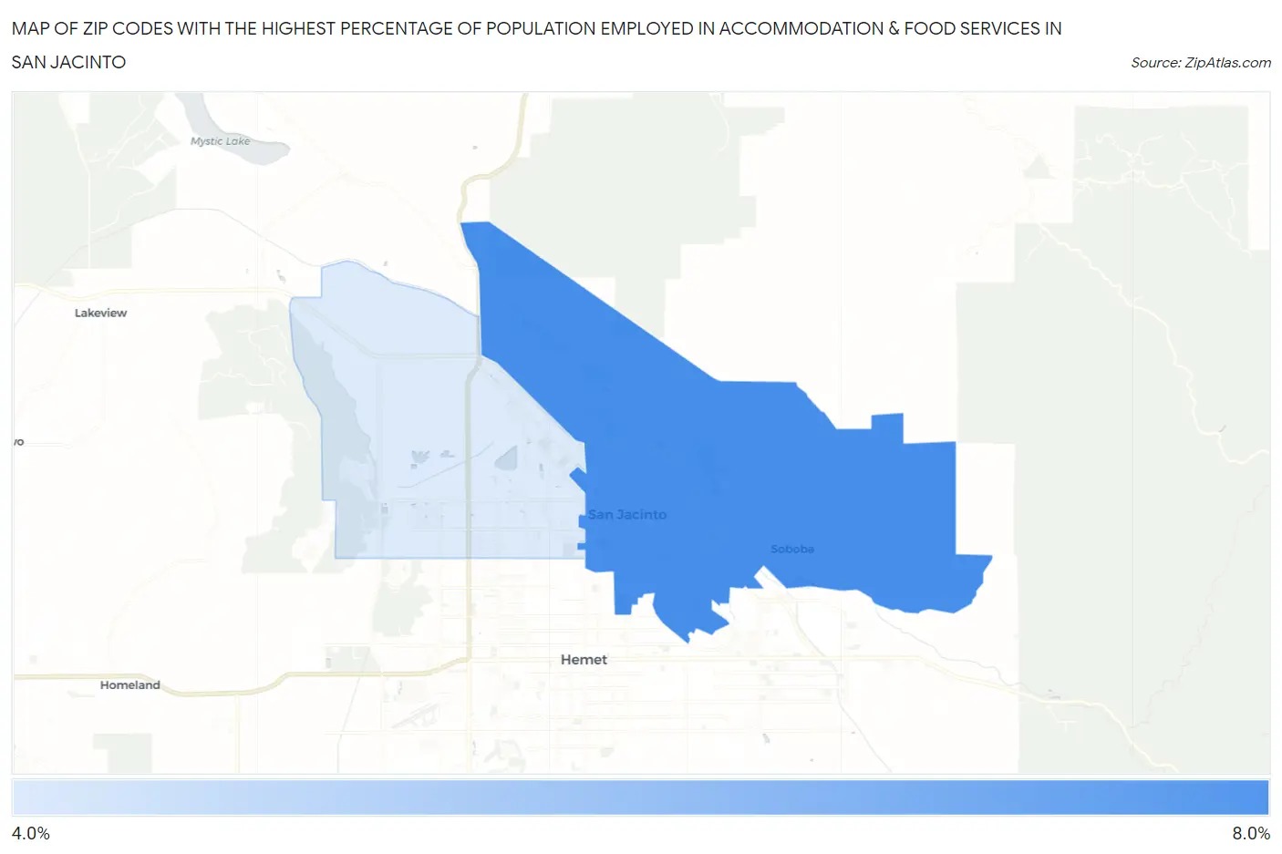 Zip Codes with the Highest Percentage of Population Employed in Accommodation & Food Services in San Jacinto Map