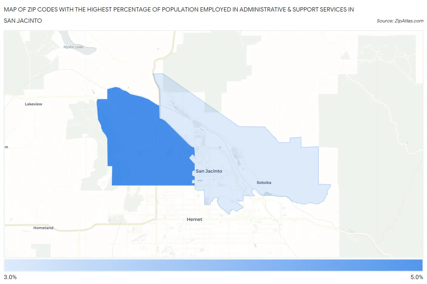 Zip Codes with the Highest Percentage of Population Employed in Administrative & Support Services in San Jacinto Map