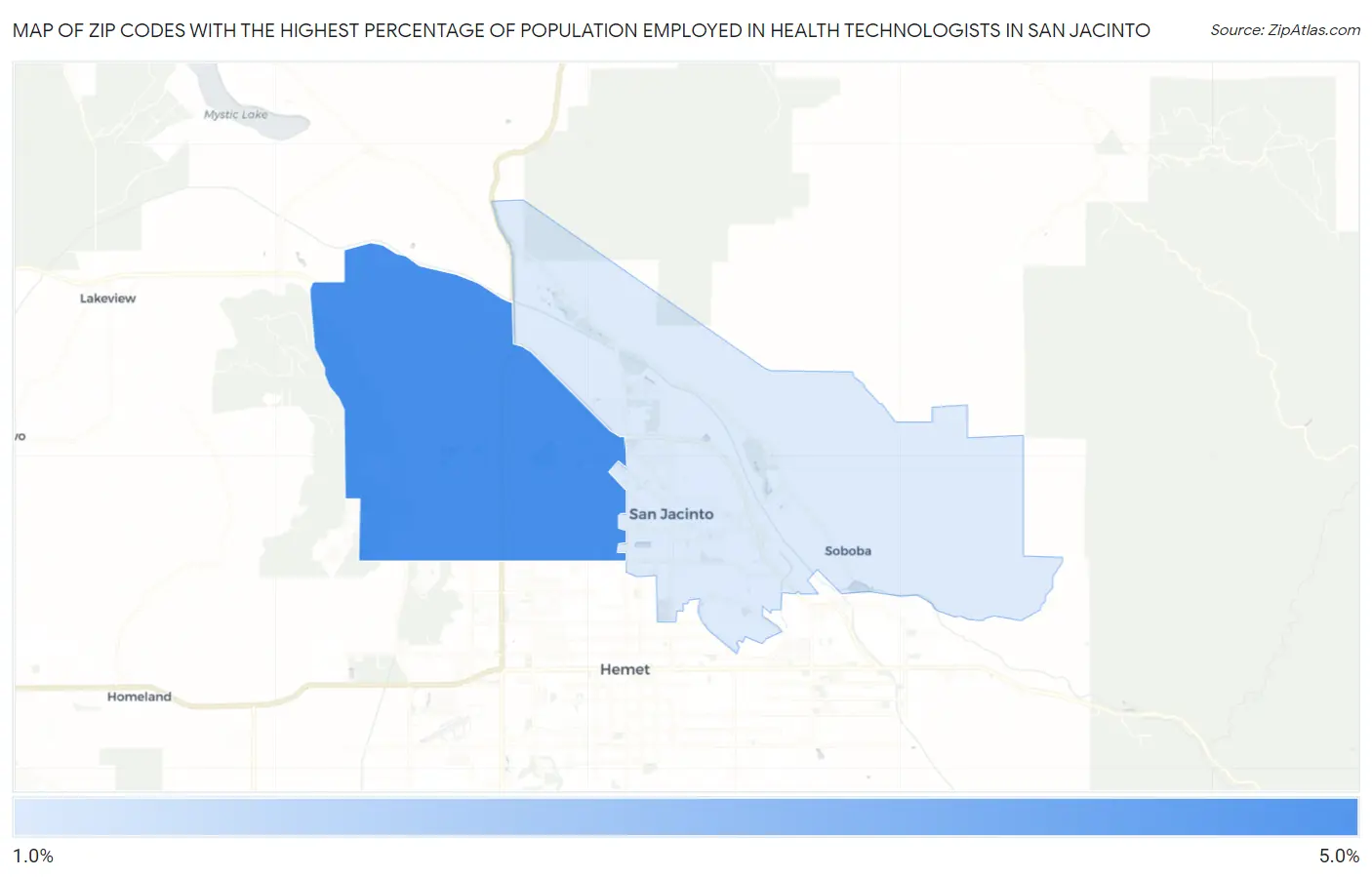 Zip Codes with the Highest Percentage of Population Employed in Health Technologists in San Jacinto Map