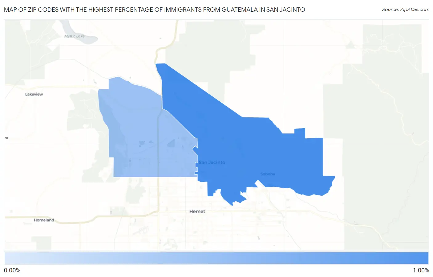 Zip Codes with the Highest Percentage of Immigrants from Guatemala in San Jacinto Map