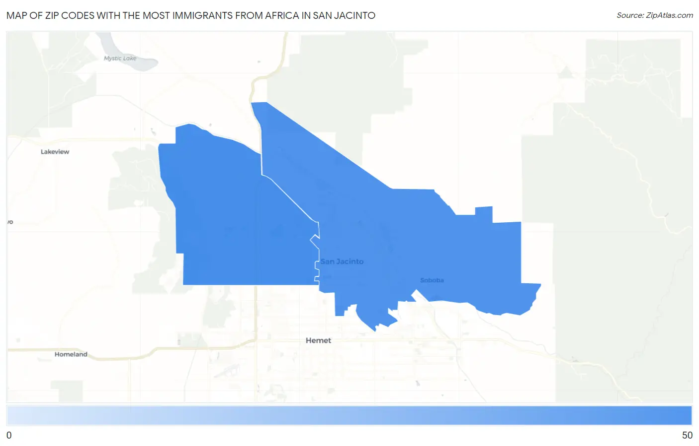 Zip Codes with the Most Immigrants from Africa in San Jacinto Map