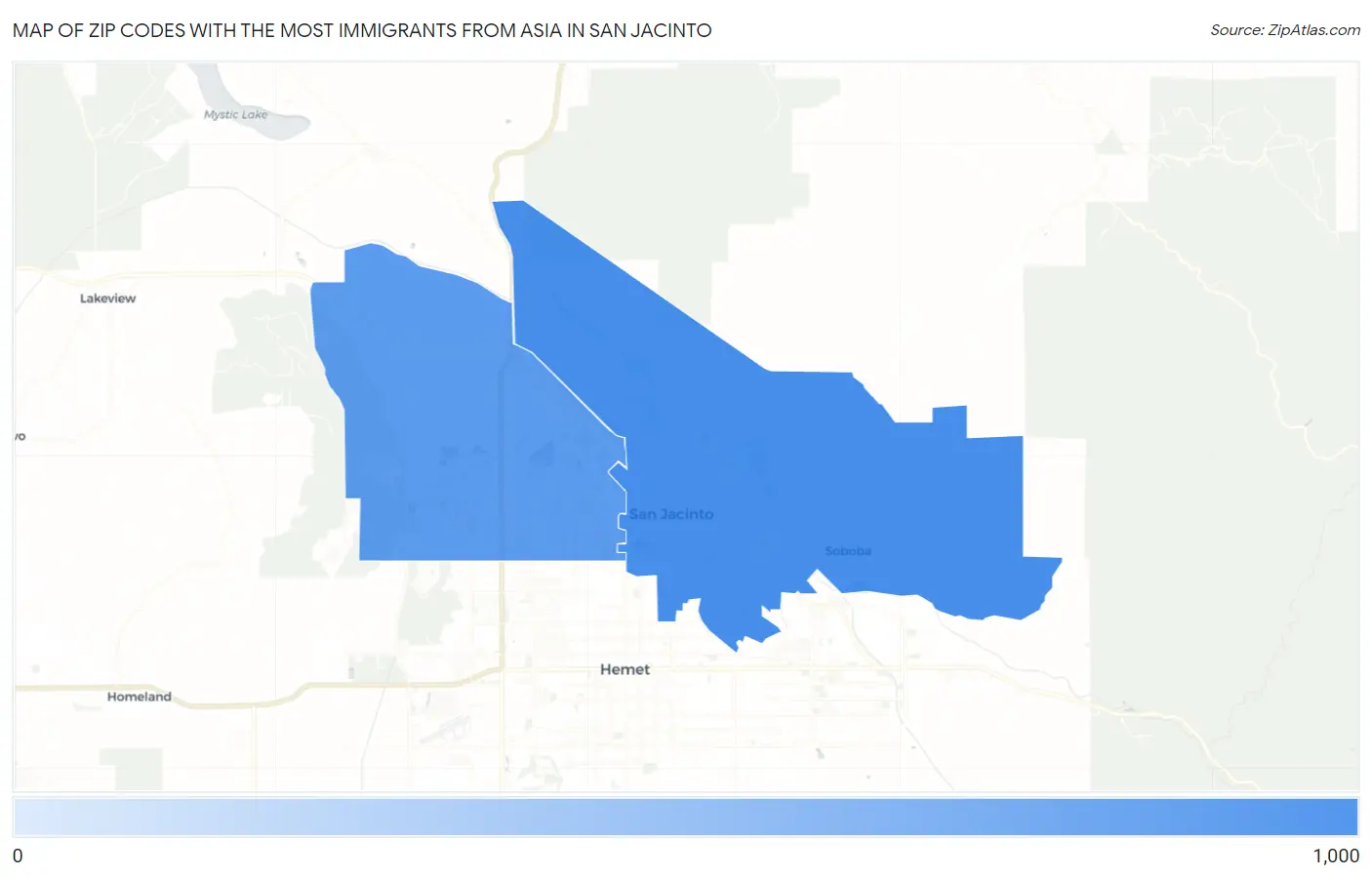 Zip Codes with the Most Immigrants from Asia in San Jacinto Map
