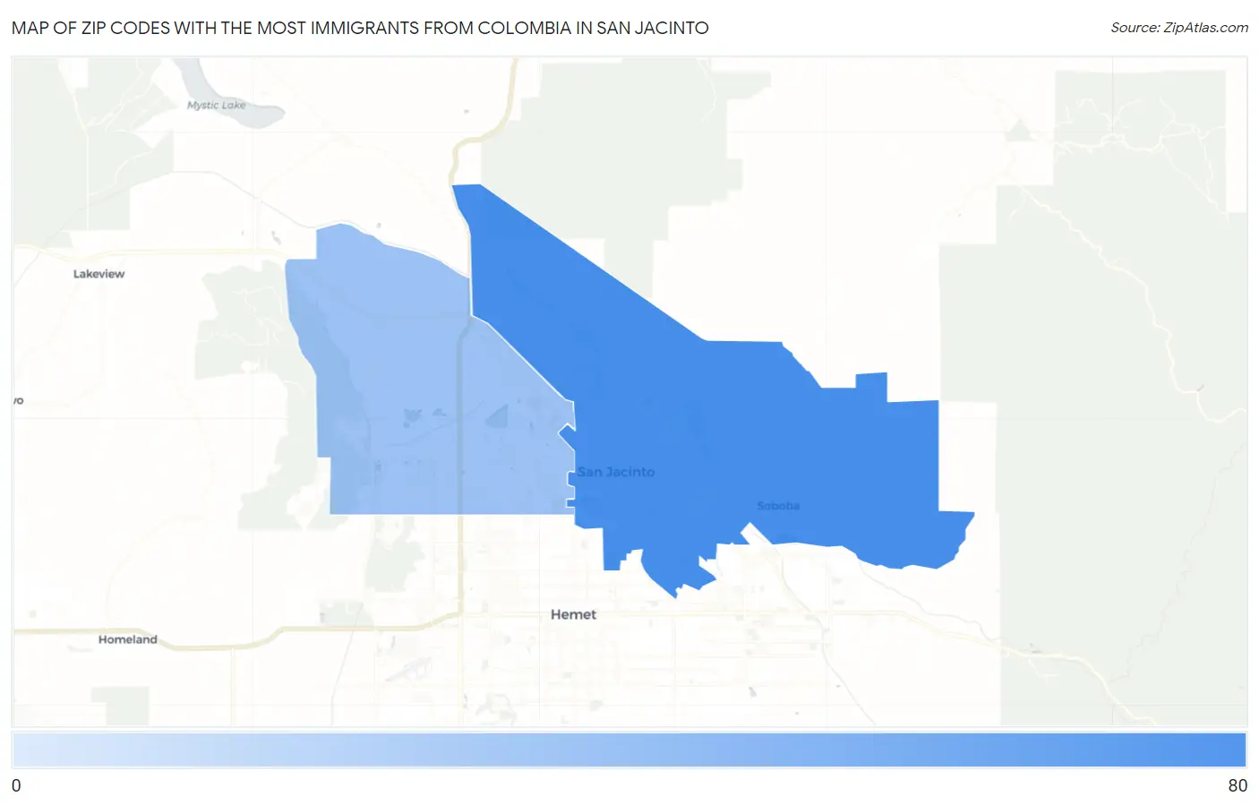 Zip Codes with the Most Immigrants from Colombia in San Jacinto Map