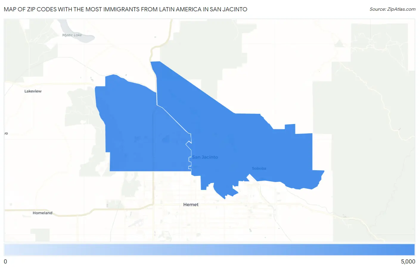 Zip Codes with the Most Immigrants from Latin America in San Jacinto Map