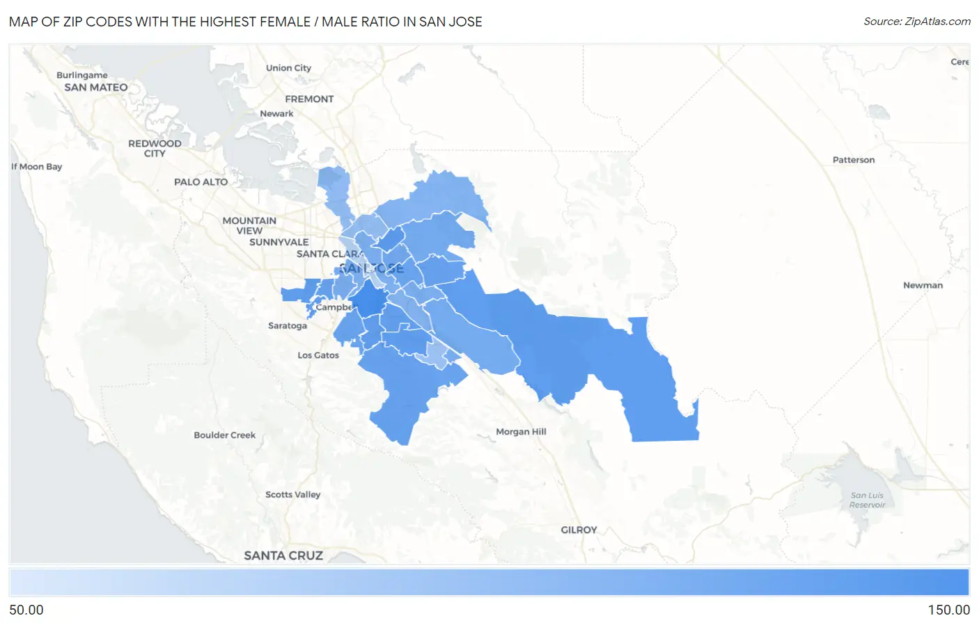 Zip Codes with the Highest Female / Male Ratio in San Jose Map