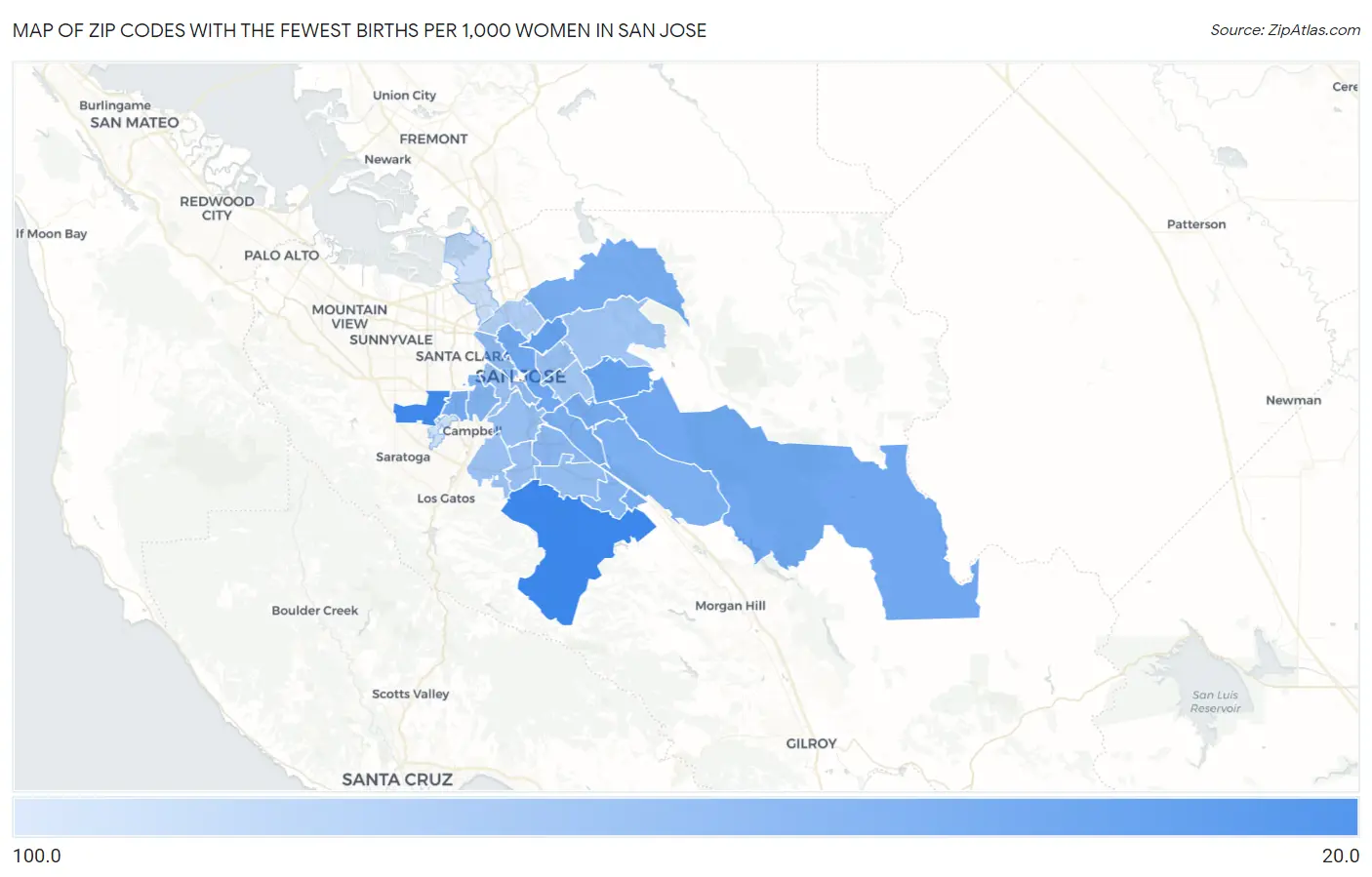 Zip Codes with the Fewest Births per 1,000 Women in San Jose Map