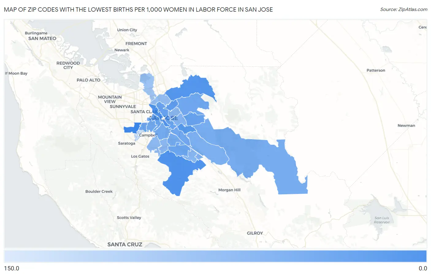 Zip Codes with the Lowest Births per 1,000 Women in Labor Force in San Jose Map