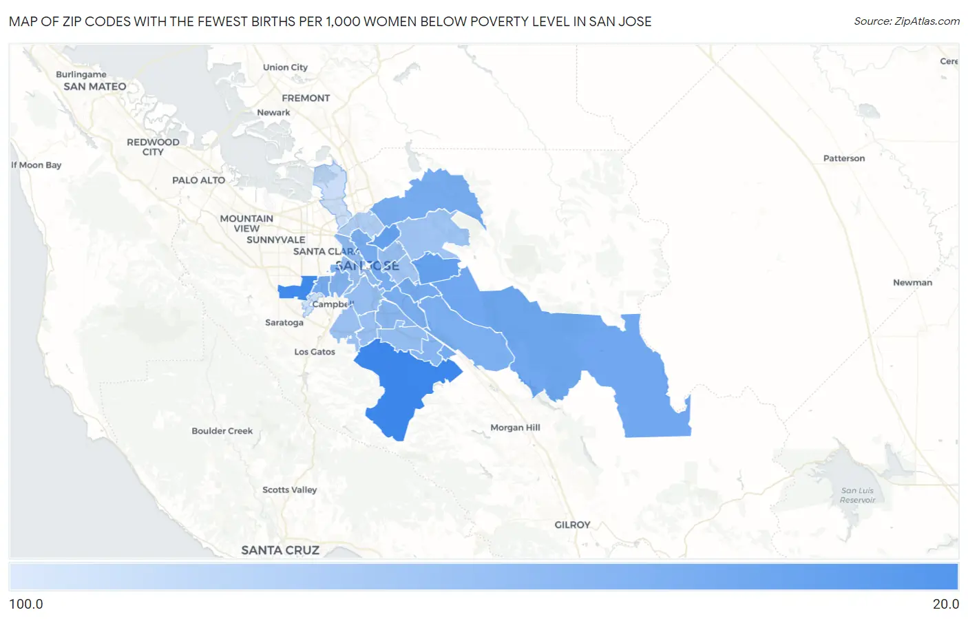 Zip Codes with the Fewest Births per 1,000 Women Below Poverty Level in San Jose Map