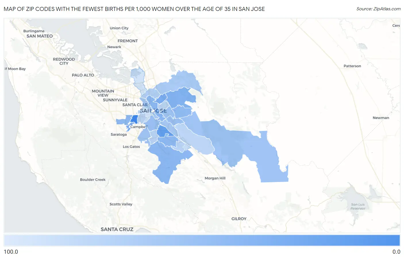 Zip Codes with the Fewest Births per 1,000 Women Over the Age of 35 in San Jose Map