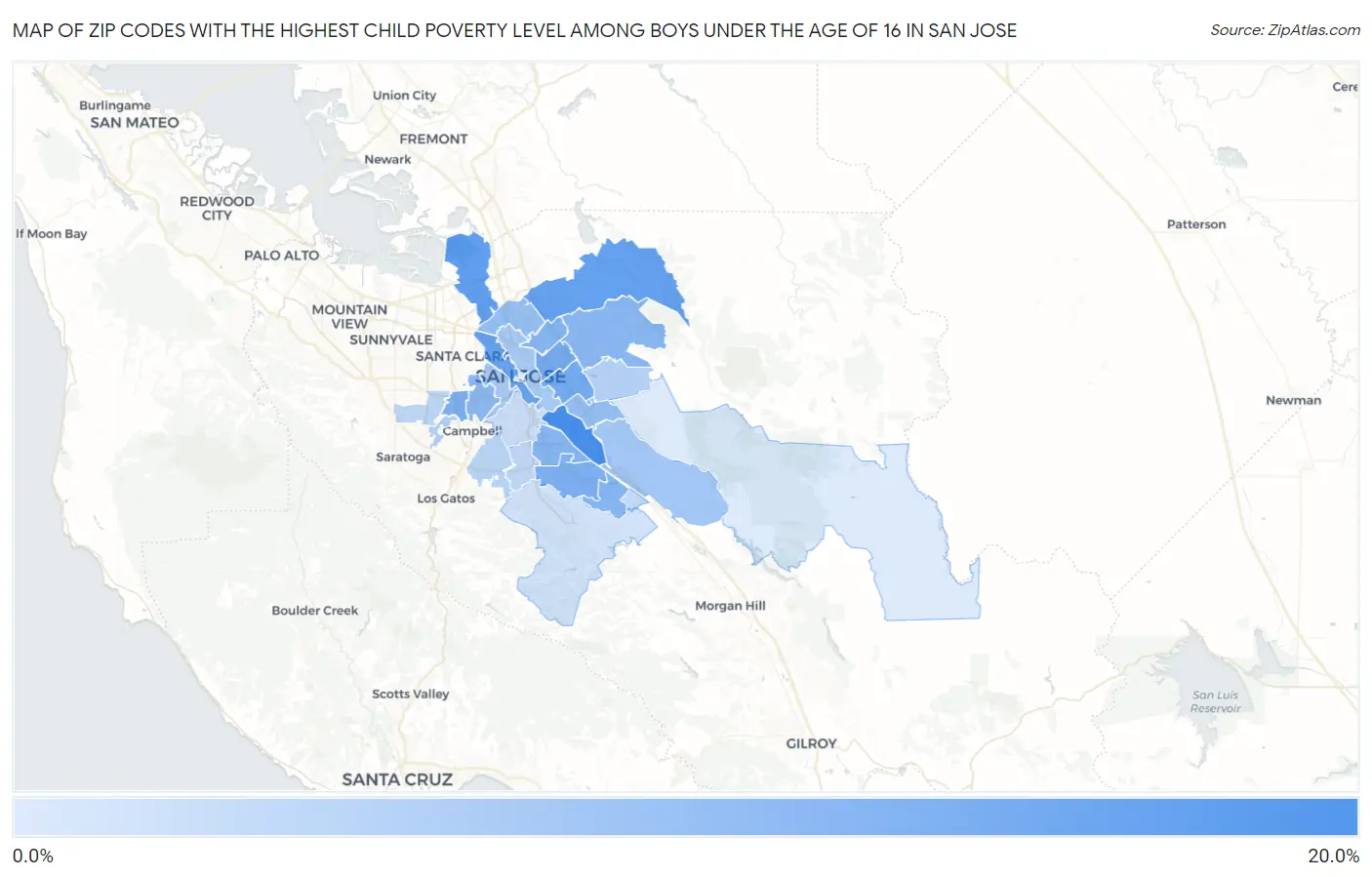 Zip Codes with the Highest Child Poverty Level Among Boys Under the Age of 16 in San Jose Map