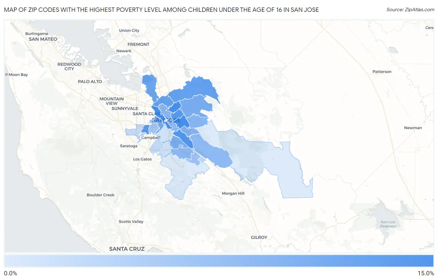 Zip Codes with the Highest Poverty Level Among Children Under the Age of 16 in San Jose Map
