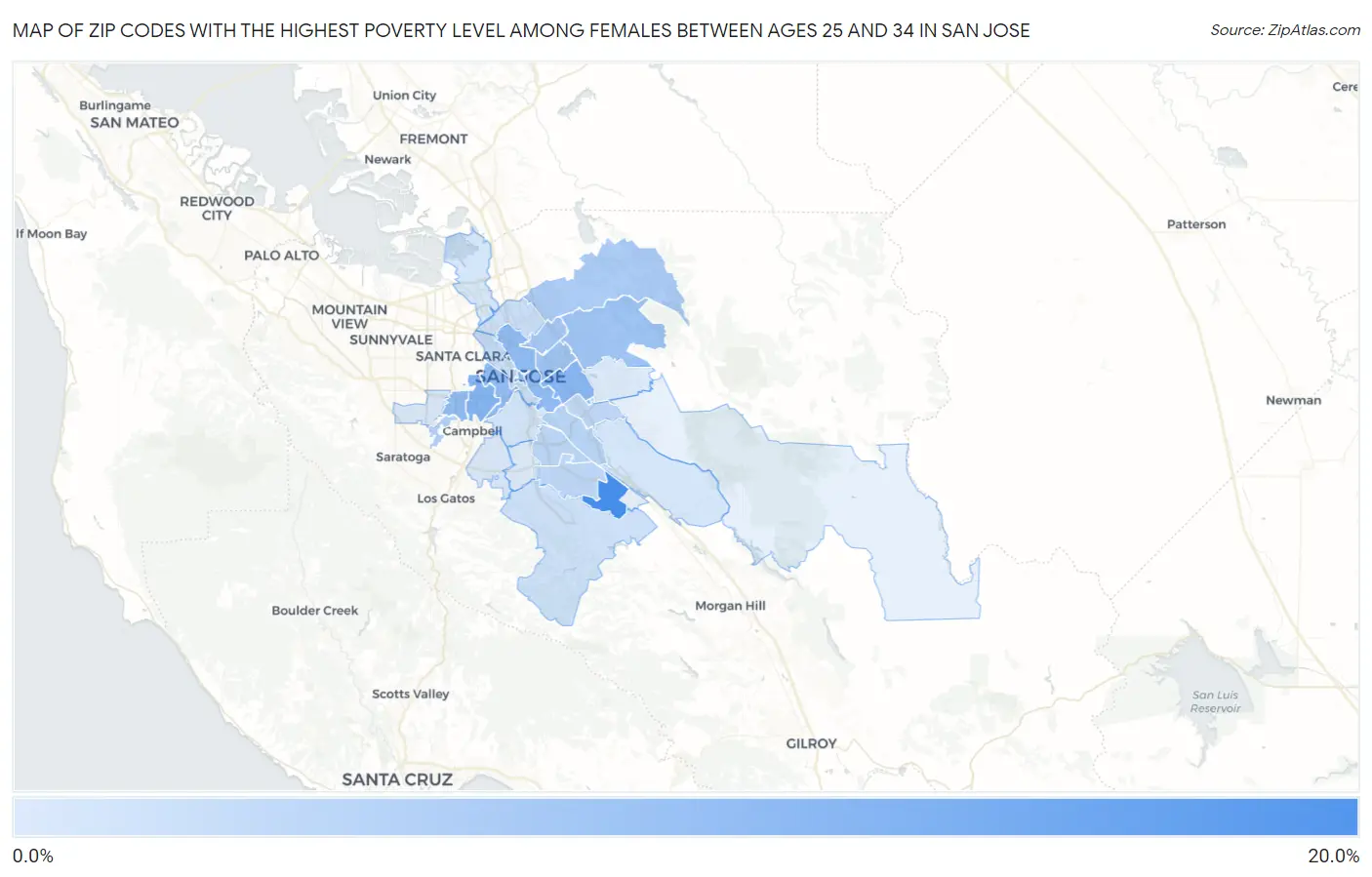 Zip Codes with the Highest Poverty Level Among Females Between Ages 25 and 34 in San Jose Map
