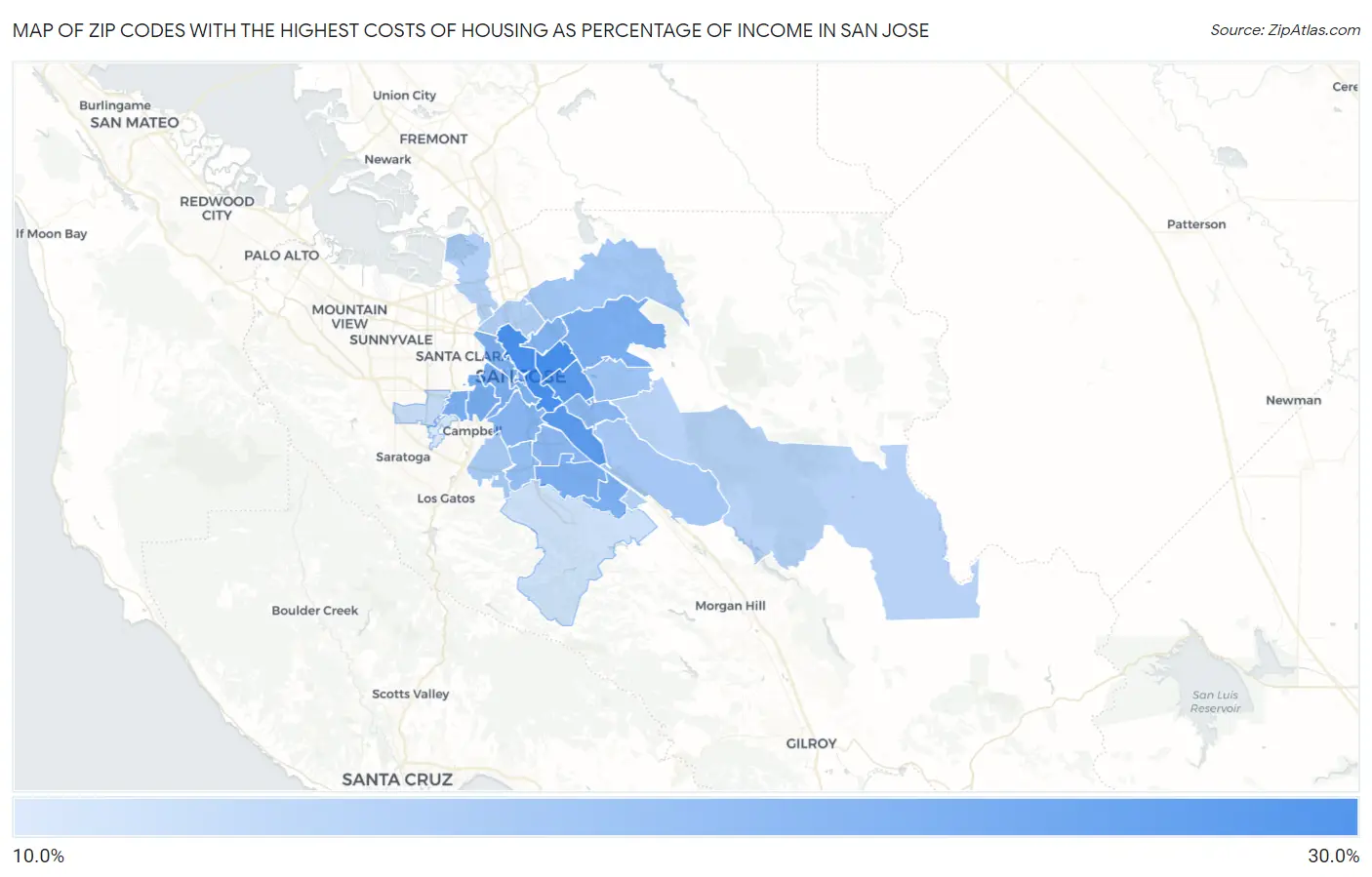 Zip Codes with the Highest Costs of Housing as Percentage of Income in San Jose Map