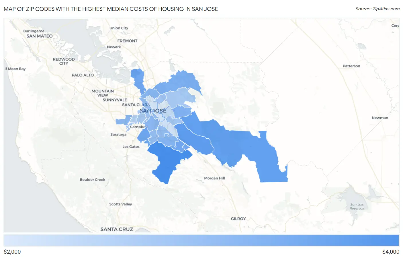 Zip Codes with the Highest Median Costs of Housing in San Jose Map