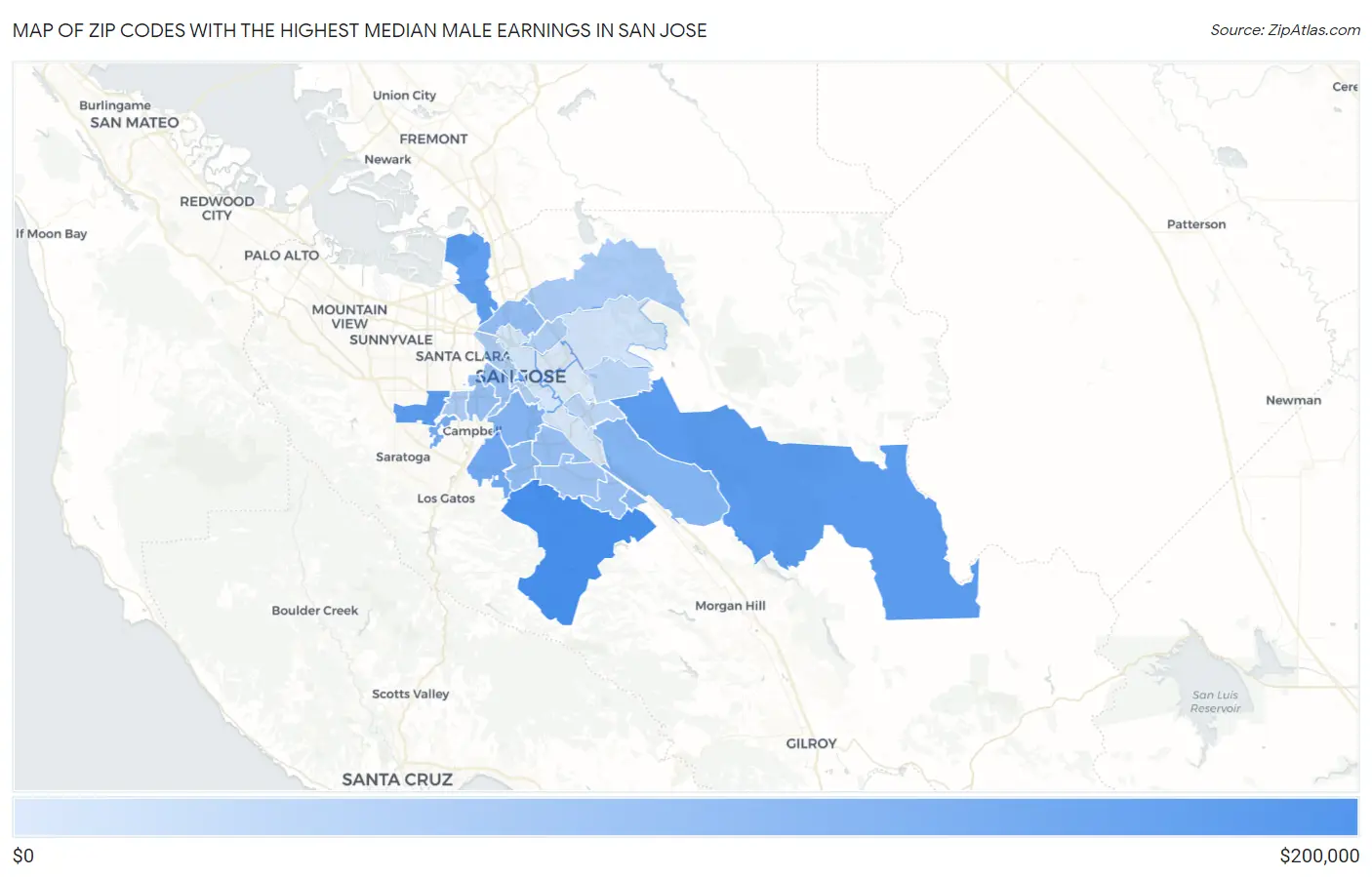 Zip Codes with the Highest Median Male Earnings in San Jose Map